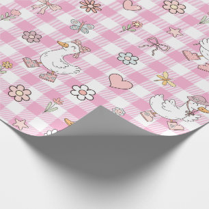 Gekke Goose Pink Gingham Verjaardag Cadeaupapier