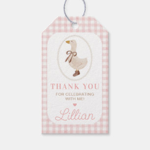 Gekke Goose Pink Gingham verjaardagsfeestje Cadeaulabel