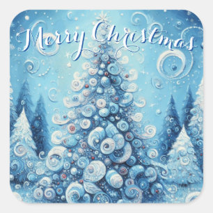 Gekke impressionistische kerstboom blauw vierkante sticker