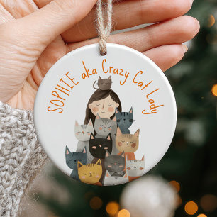 Gekke Kat Dame Illustratie met Naam Quirky & Plezi Keramisch Ornament