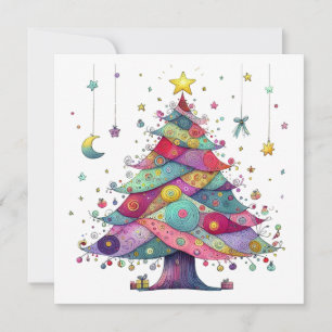 Gekke kerstboom, volkskunststijl feestdagenkaart
