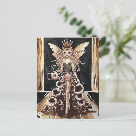 Gekke Koffie Kattenfee op de Model Runway Briefkaart (Staand voorkant)