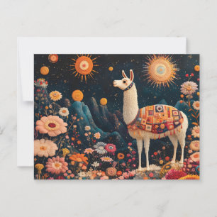 Gekke lama in een sterrenrijk bloemenlandschap briefkaart