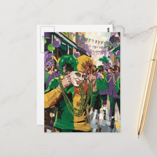 Gekke Mardi Gras Happy Jester Briefkaart (Voorkant / Achterkant in situ)