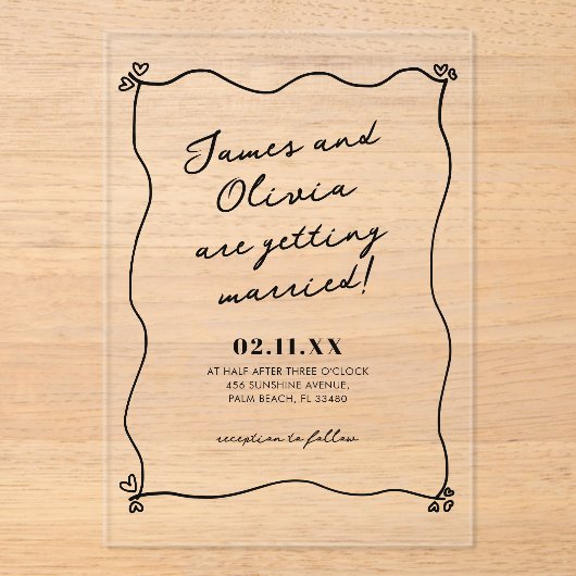 Gekke minimalistische hand getrokken bruiloft acryl uitnodigingen (Voorkant)