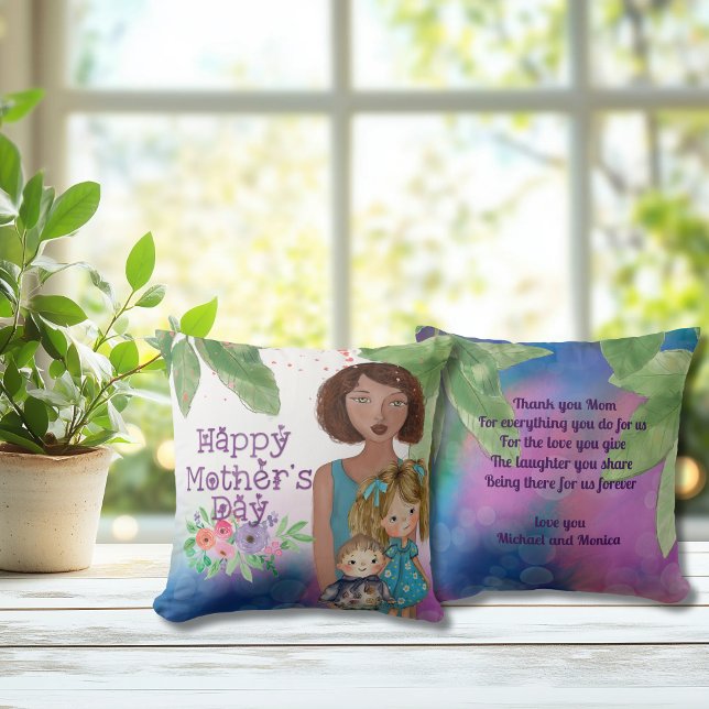 Gekke moeder met kinder | Moederdag Kussen (Whimsical Mother with kids  Mother's Day Throw Pillow)