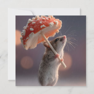 Gekke muis die een paddenstoel als paraplu gebruik feestdagenkaart