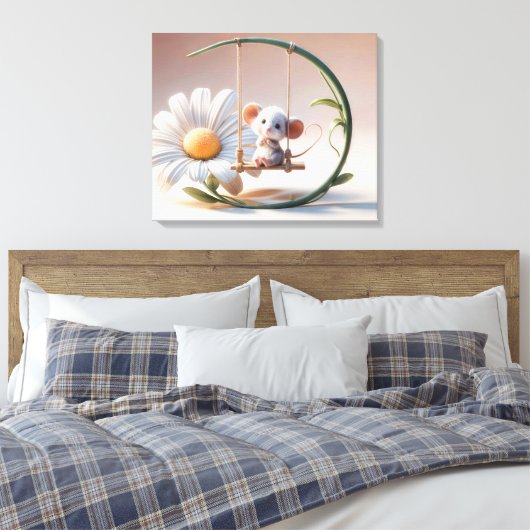 Gekke muis op een Daisy Swing Canvas Afdruk (Insitu (Slaapkamer))