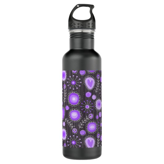 Gekke paarse grijze hartjes en bloemetjes waterfles (Voorkant)