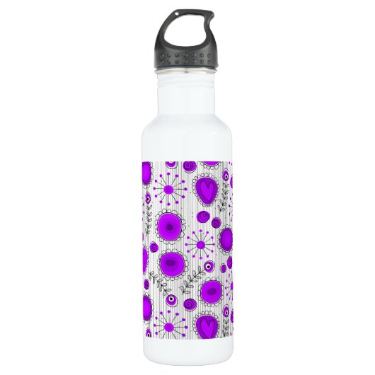 Gekke paarse witte harten en bloemen bloeien waterfles (Voorkant)