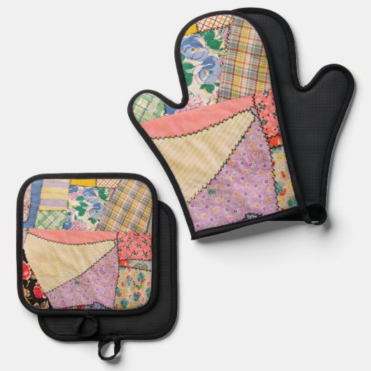 Gekke patchwork quilt met zigzag stiksels ovenwant & pannenlap set (Voorkant / Achterkant)