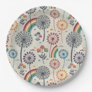Gekke regenboog en botanische paardenbloemen papieren bordje