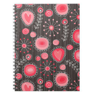Gekke rode en grijze harten en bloemen notitieboek