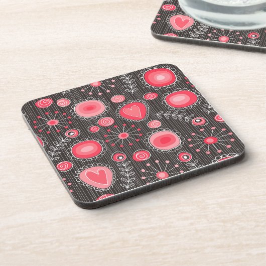 Gekke rode en grijze harten en bloemen onderzetter (Linkerzijde)