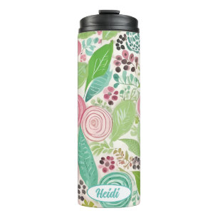 Gekke roze en blauwgroen bloemen personaliseerbaar thermosbeker