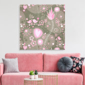 Gekke roze en grijze harten, vogels en bloemen canvas afdruk (Insitu (Woonkamer))