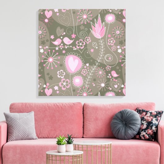 Gekke roze en grijze harten, vogels en bloemen canvas afdruk (Insitu (Woonkamer))