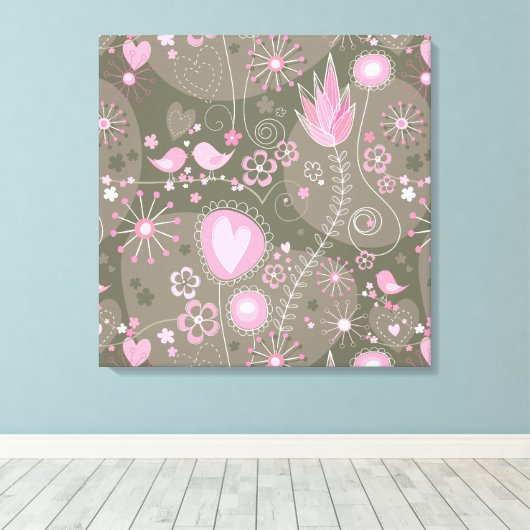 Gekke roze en grijze harten, vogels en bloemen canvas afdruk (Insitu (Houten vloer))