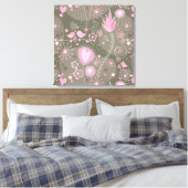 Gekke roze en grijze harten, vogels en bloemen canvas afdruk (Insitu (Slaapkamer))