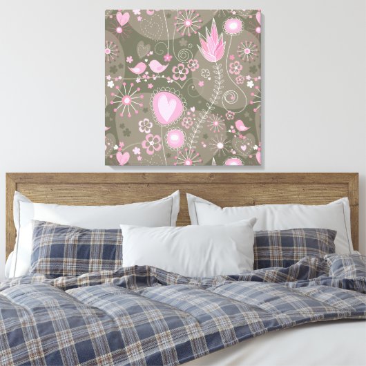 Gekke roze en grijze harten, vogels en bloemen canvas afdruk (Insitu (Slaapkamer))
