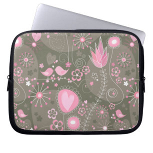 Gekke roze en grijze harten, vogels en bloemen laptop sleeve