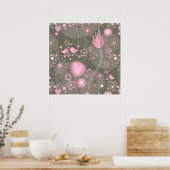 Gekke roze en grijze harten, vogels en bloemen poster (Keuken)