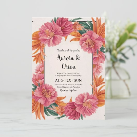 Gekke roze en oranje bloemenbruiloft kaart (Staand voorkant)