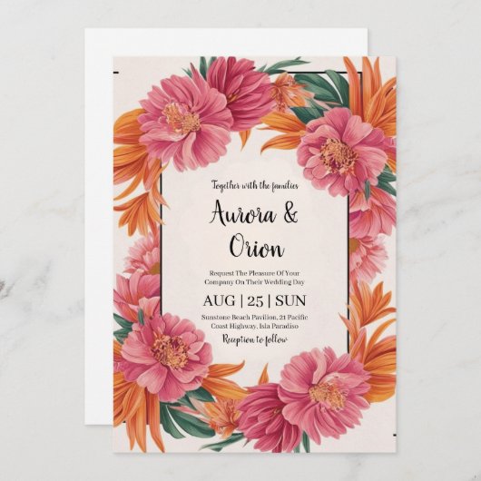 Gekke roze en oranje bloemenbruiloft kaart (Voorkant / Achterkant)