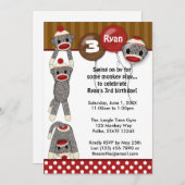 Gekke SOCK MONKEY Birthday Uitnodiging SMR-meisje/ (Voorkant / Achterkant)