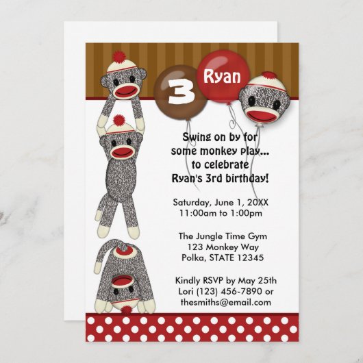 Gekke SOCK MONKEY Birthday Uitnodiging SMR-meisje/ (Voorkant / Achterkant)