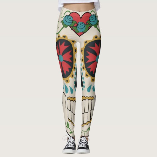 Gekke Sugar Skull Wit, Rood en Turquoise Legging (Voorkant)