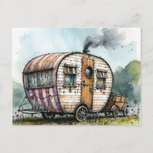 Gekke Verweerde Caravan Kampeerder Waterverf Stijl Briefkaart