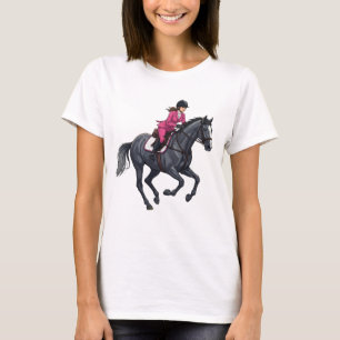 Gekke vrouw die op een strak zwart paard rijdt t-shirt
