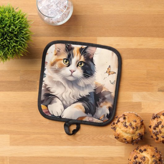 Gekke Waterverf Calico Cat en Butterflies Pannenlap (Top down)