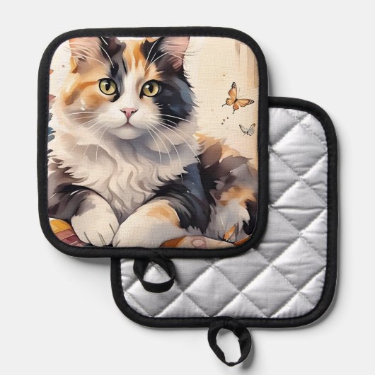 Gekke Waterverf Calico Cat en Butterflies Pannenlap (Voorkant / Achterkant)