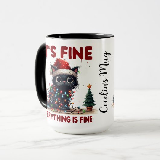 Gekke zwarte kat in kerstverlichting mok (Voorkant links)