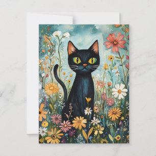 Gekke zwarte kat met wilde bloemen illustratie briefkaart