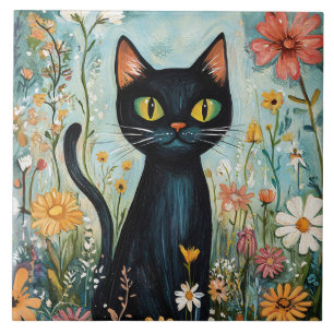 Gekke zwarte kat met wilde bloemen illustratie tegeltje
