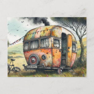 Gekkig Verweerd Caravan Kampeerder Watercolor Stij Briefkaart