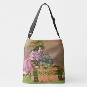 geklede kat en viskuit crossbody tas