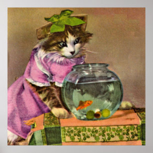 geklede kat en viskuit poster
