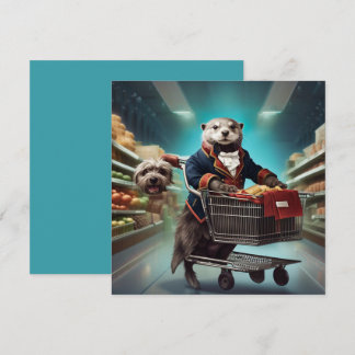 Geklede otter met dierenghosts bij de supermarkt feestdagenkaart