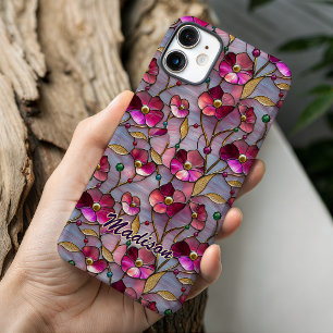 Gekleurd glas roze bloemenpatroon iPhone 16 hoesje