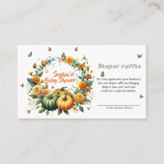 Gekleurde bloemenkrans met pompoen en vlinder informatiekaartje (Voorkant)