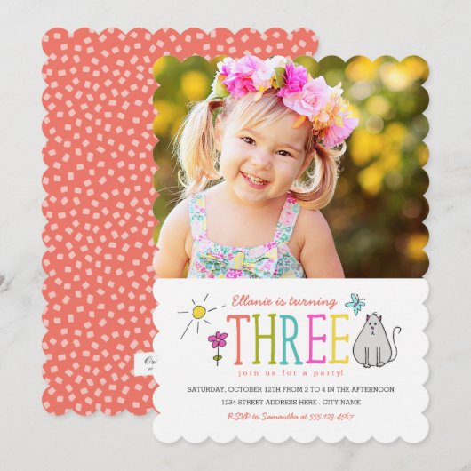 Gekleurde Doodles 3e verjaardagsfeestje Uitnodigen Kaart (Voorkant / Achterkant)