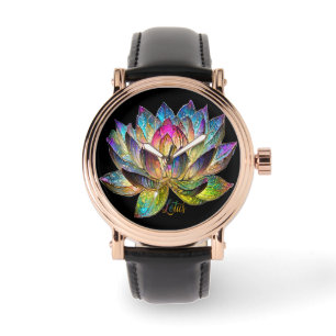 Gekleurde glas-in-lood lotusbloem op zwart horloge