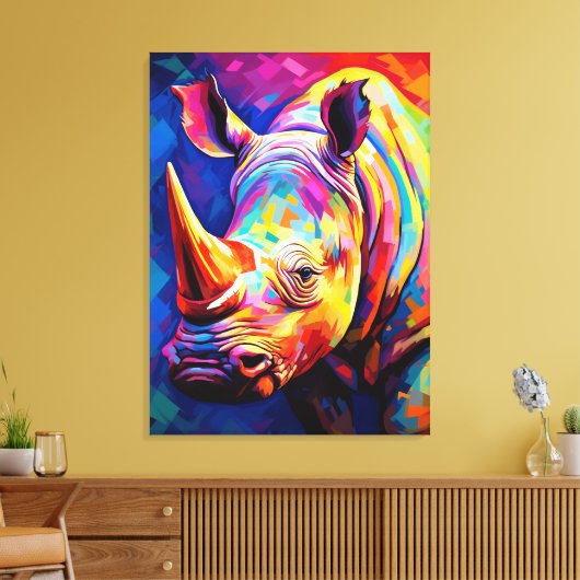Gekleurde neushoorn op een veelkleurige canvas afdruk (Insitu (Woonkamer))