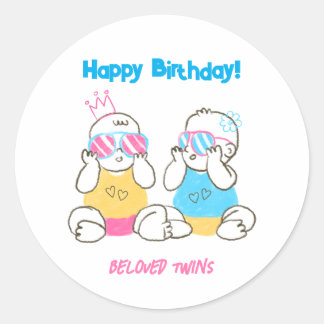 Gekleurde Pencil Twins Happy Birthday Ronde Sticke Sticker