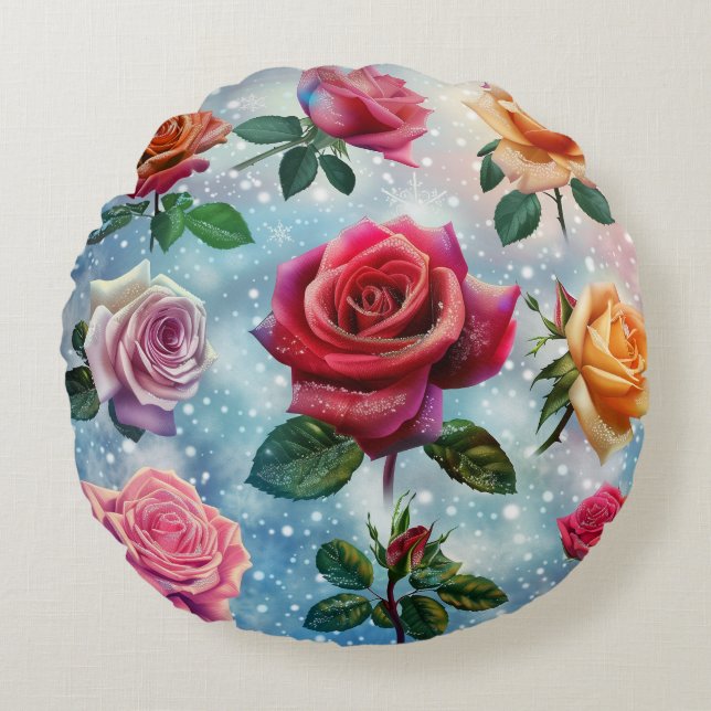 Gekleurde Rozen Digitale Kunst Rond Kussen (Voorkant)