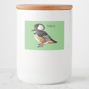 Gekraagde zaagbek vogel cartoon illustratie voedselcontainer etiket